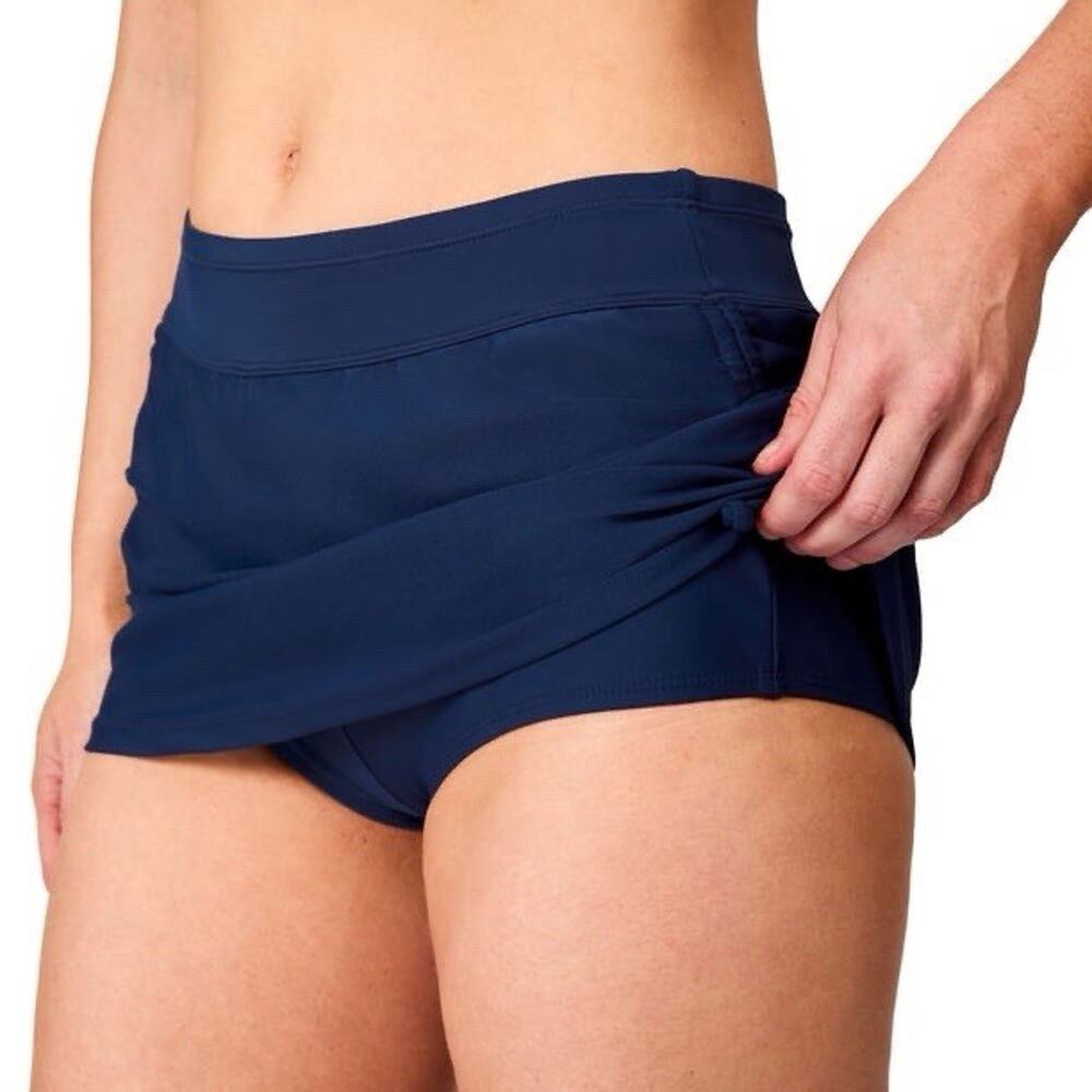New Free Country Swim Skort Bottoms Navy Gather Side 50 SPF Quick Dry Sz L NWT